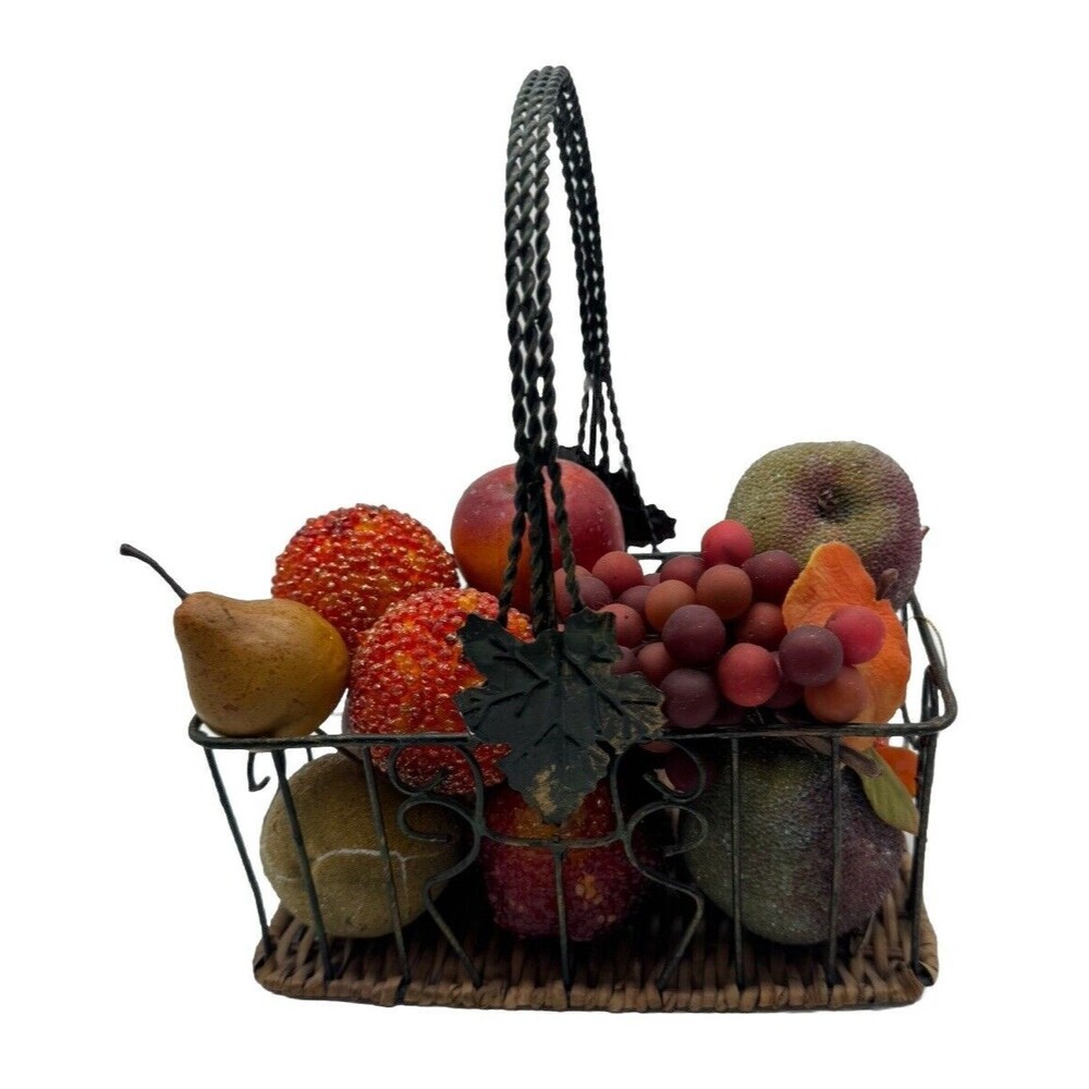 Vintage Plastic Beaded Fruit in Decorative Metal Wire Basket  9” Long X 6” Wide